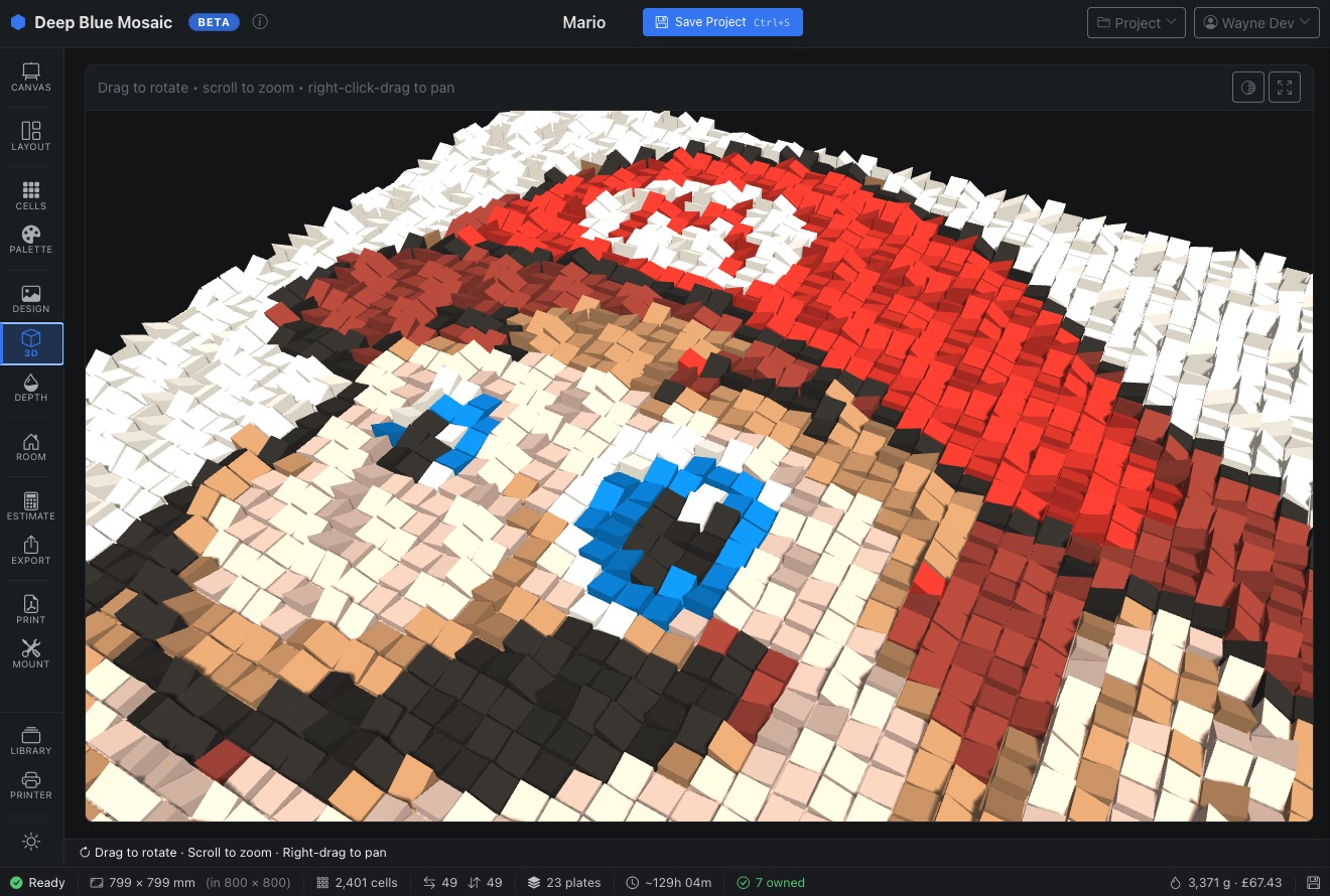 Interactive 3D preview of mosaic cells with accurate filament colours