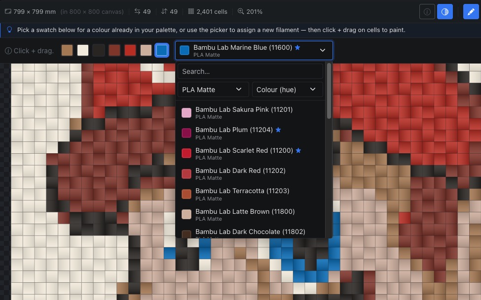 Cell editor with paint, swap, erase, and fill tools