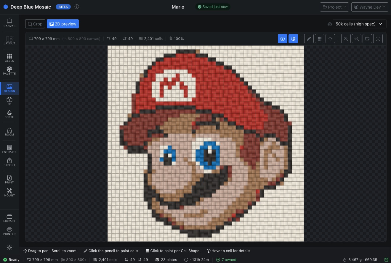 Deep Blue Mosaic app — mosaic design canvas with hex cells and filament palette